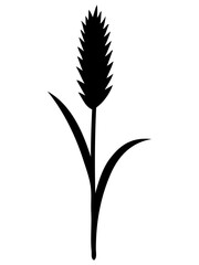 Black silhouette illustration of a single wheat-like plant with a spiked head and two long, curved leaves. Ideal for use in agricultural branding, eco-friendly product design, botanical decor, or tatt