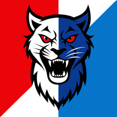 Dynamic jungle cat with fierce expression and split red-blue background for mascot design