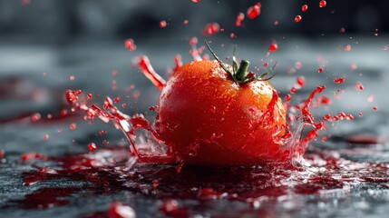 Ripe tomato splashing on surface creating a messy red explosion