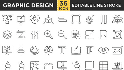 Graphic Design Line Icon Set. Pixel Perfect and Outline Editable Stroke Icons collection for Tools, Creativity, Computer Graphics, UI Design, Branding, Illustration, Typography, Color Theory, Layout