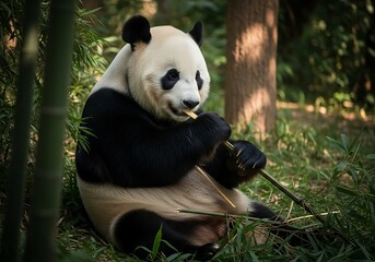 Obraz premium Panda eating bamboo in a natural habitat.