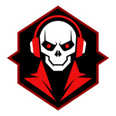 Masked skull with red neon glow, headphones, and looping wires inside jagged badge