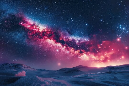 Stunning milkyway galaxy illuminates vast snow mountains and frozen winter landscape with vibrant pink blue and purple celestial skies above expansive arctic terrain