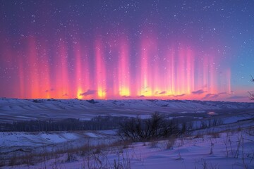 Dramatic pink and magenta northern lights illuminate starry winter night sky above pristine snow covered landscape showcasing magnificent aurora borealis phenomenon