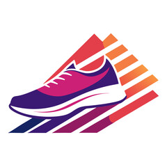 Running shoe print with gradient motion trails floating over geometric terrain