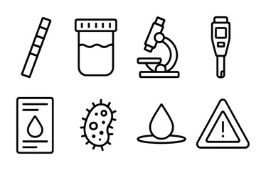 Water Testing Tools Icons. Outline icon set of water testing tools: test strip, sampling jar, microscope, pH