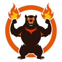 Fiery grizzly with clenched fists and glowing strength symbols in a circular battle-ready design