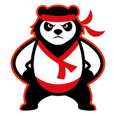 Kung fu bear mascot in red headband and martial stance over a bold bamboo vector background