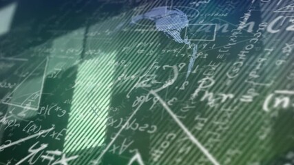Sweeping formula chalkboard initiating floating nodes drifting into rotating globe visualizing math - Powered by Adobe