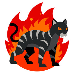 Magma-veined ancient predator with red foliage and blazing stripe-filled backdrop