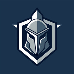 Graphic emblem featuring a futuristic warrior helmet within a shield, conveying strength, protection, and a modern gaming or esports theme, isolated on white background