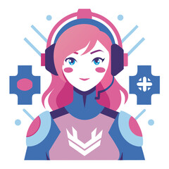 Fototapeta premium Pink-Haired Gamer Girl in Armor with Circuitry and Vector Stylization