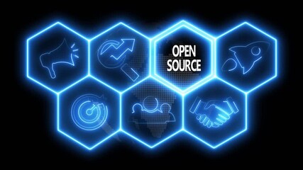 Business open source concept animated on abstract technology background with rotating world map icon. Business, Technology, Internet and networking concept. - Powered by Adobe