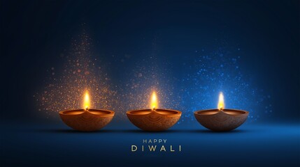 Diwali Celebration: Three illuminated earthen lamps casting a warm, radiant glow, evoking the spirit of the festival against a backdrop of twinkling stars.