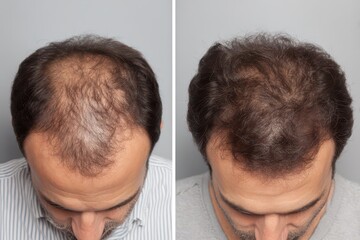 Fototapeta premium Hair restoration results showcasing before and after transformation at a cosmetic clinic, featuring improved volume and coverage for a man