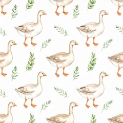 Charming watercolor geese and green leaves create a delightful seamless pattern perfect for spring designs.