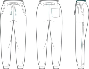 Technical flat sketch of women's jogger pants with an elasticated waistband, cuffed ankles, and a side zipper pocket, a fashion apparel design vector illustration.