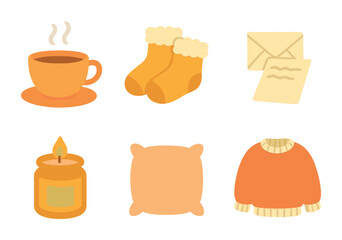 Cozy Comfort Icons. Flat vector mini-illustrations Solitude and comfort items in colors children's