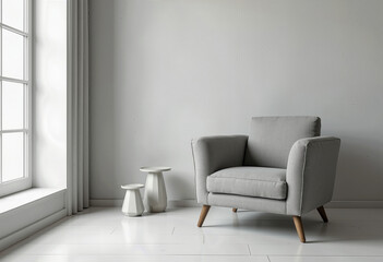 A minimalist interior corner featuring a sleek grey armchair and two simple, modern stool-like side tables against a stark white wall for a clean aesthetic.
