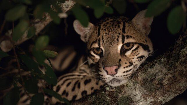 A spotted predator calmly resting in the dark canopy