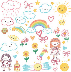 Whimsical Hand Drawn Collection of Cute Characters and Weather Elements Keywords: sun, cloud, rain, rainbow, flower, heart, star, bow, girl, child, drawing, doodle, cute, weather, nature, sky