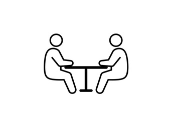 Two people sitting at a table discussing ideas in minimal style  