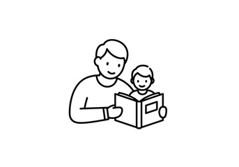 Father reading a book with young child in simple line art style  