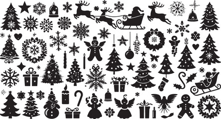 Black and white floral icon set with decorative winter holiday and Christmas tree silhouettes