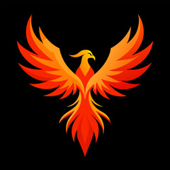 Phoenix in Flight with Symmetric Fiery Wings on Black Glow Base