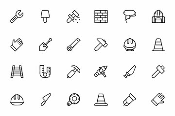 A detailed bundle of minimalist icons showcasing core construction tools and devices. Perfect for equipment rental services, workshop branding, and tutorial content