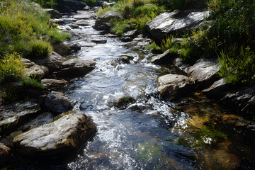 Fototapeta premium Tranquil Symphony of Nature: The Bubbling Stream's Journey Through Time-Weathered Rocks, Filling Solitude with Serenity Amidst the Whispers of the Forest