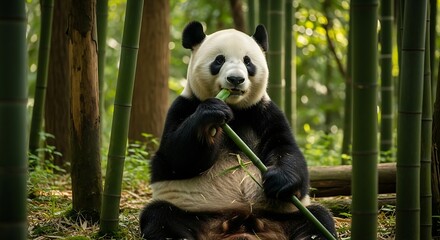 Obraz premium Panda bear enjoying a meal of bamboo.