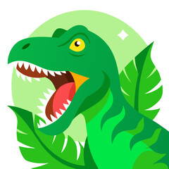 Bright Green Raptor Mid-Roar in Jungle Scene with Leaf Background
