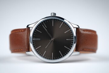 Elegant watch with a brown leather strap on a neutral background, showcasing minimalist design