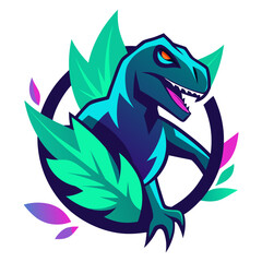 Lunging Dinosaur Mascot with Neon Eyes in Leafy Vector Composition