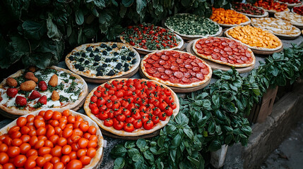 Colorful pizza assortment various toppings fresh ingredients overhead view