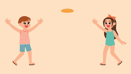 happy kid playing frisbee together, beach disc game, boy and girl on the beach for summer vacation, young people with outdoor activity illustration