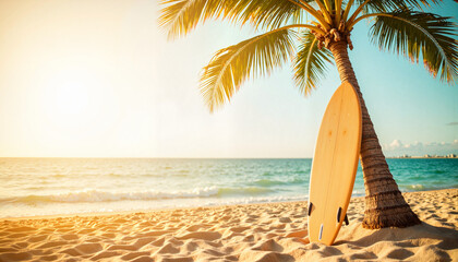 Surfboard leans against a palm tree on sandy beach, creating a tropical vibe during golden hour. A surfboard leans against a palm tree, sandy beach providing summer marketing with copy space