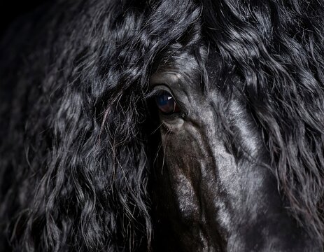 Magnificent Friesian Horse Close-Up: Eye and Mane Detail in Dramatic Black