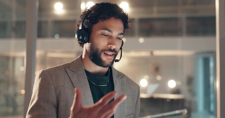 Business, man and talk with tablet at call centre for help, inquiry and customer service at night. Person, headset and digital of client feedback, telecom advice and information of procedure deadline - Powered by Adobe