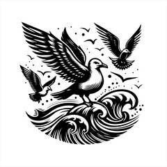 Vector art of seagulls flying over waves