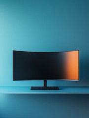 Curved monitor on a blue desk with a gradient background.