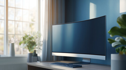 Fototapeta premium Curved monitor on a desk in a modern home office.