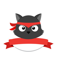 Minimal Ninja Cat with Red Bandana and Focused Expression on White Badge