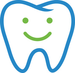 Happy smiling tooth logo with blue outline and green eyes and smile isolated on transparent background