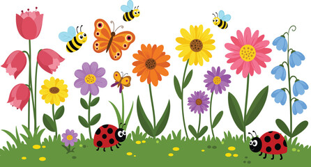 Charming cartoon garden scene with colorful flowers buzzing bees butterflies and ladybugs isolated on transparent background © rsvect02