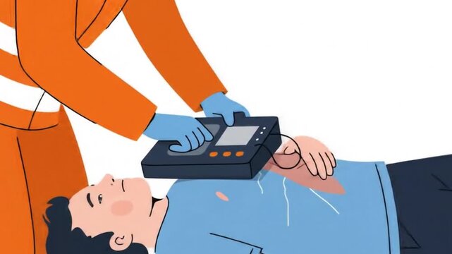 Applying Defibrillator: Paramedic Using AED on Man Laying on Ground