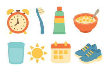 Morning Routine Essentials. Flat vector mini-illustrations morning routine essentials in colors children's