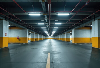 An empty, well-lit underground parking garage with a vanishing point perspective, featuring yellow safety markings and a clean, industrial concrete aesthetic.
