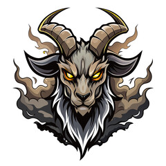 Menacing Mountain Goat with Glowing Eye Emerging from Smoke in Edgy Vector Design